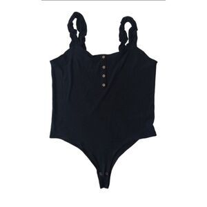 Full Circle Trends Plus Size Solid Black Ribbed Ruffle Strap Bodysuit Women's 2X